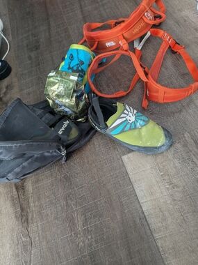 Youth Petzl Macchu Orange Climbing Harness with Climbing Shoes